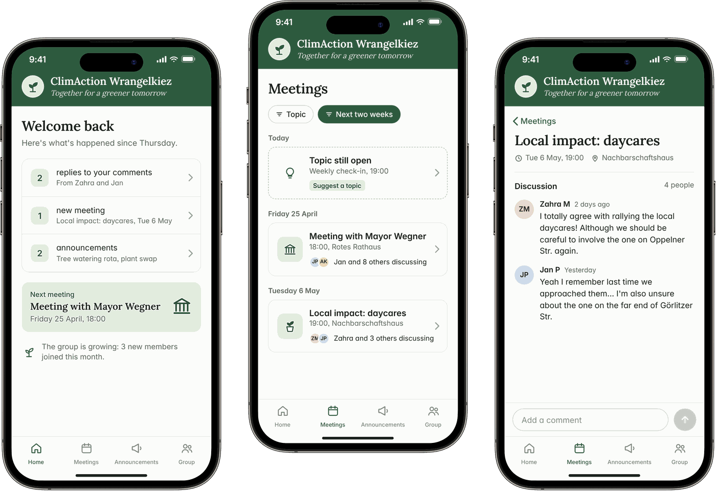 Three iPhones showing the welcome screen, the meetings list and a meeting discussion, all in the group's green