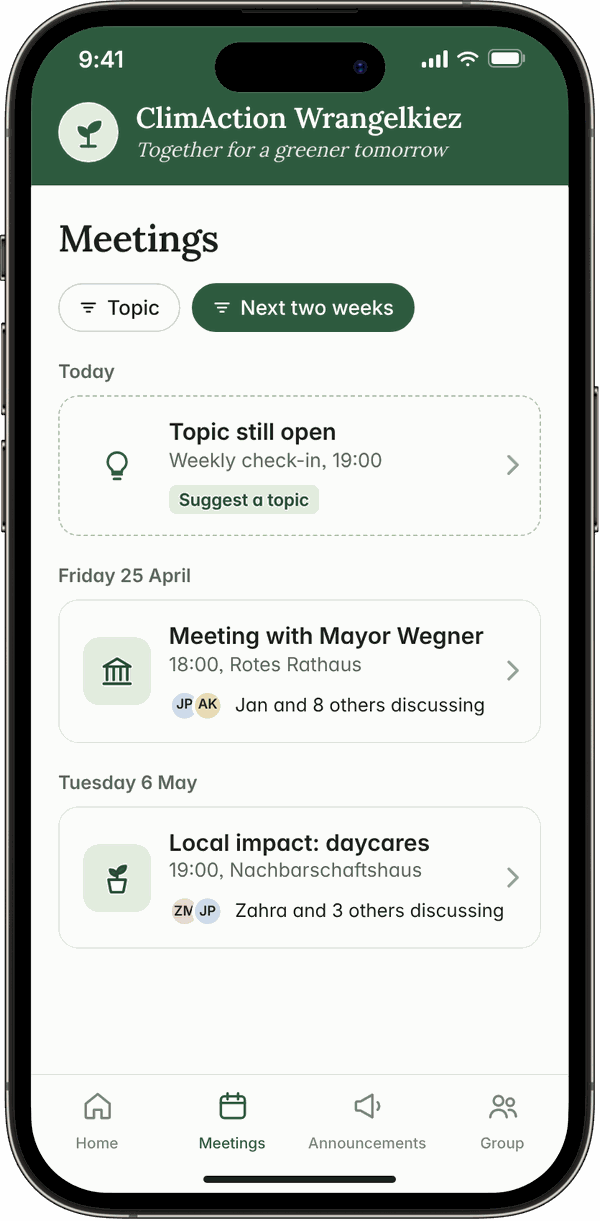 Meetings screen filtered to the next two weeks, with an open topic for today and two upcoming meetings