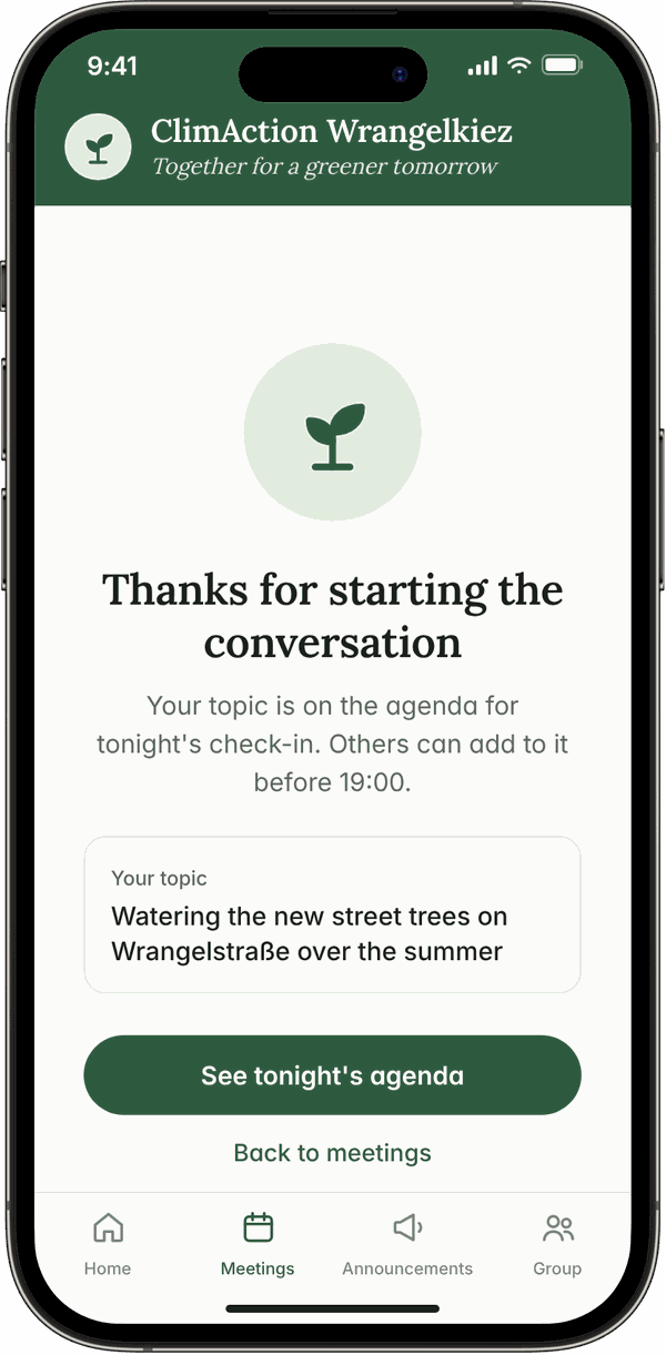 Thank-you screen after suggesting a topic for tonight's meeting