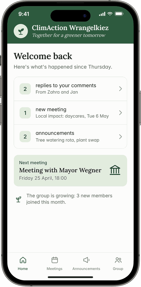 Welcome back screen listing new replies, a new meeting and announcements, with the next meeting below