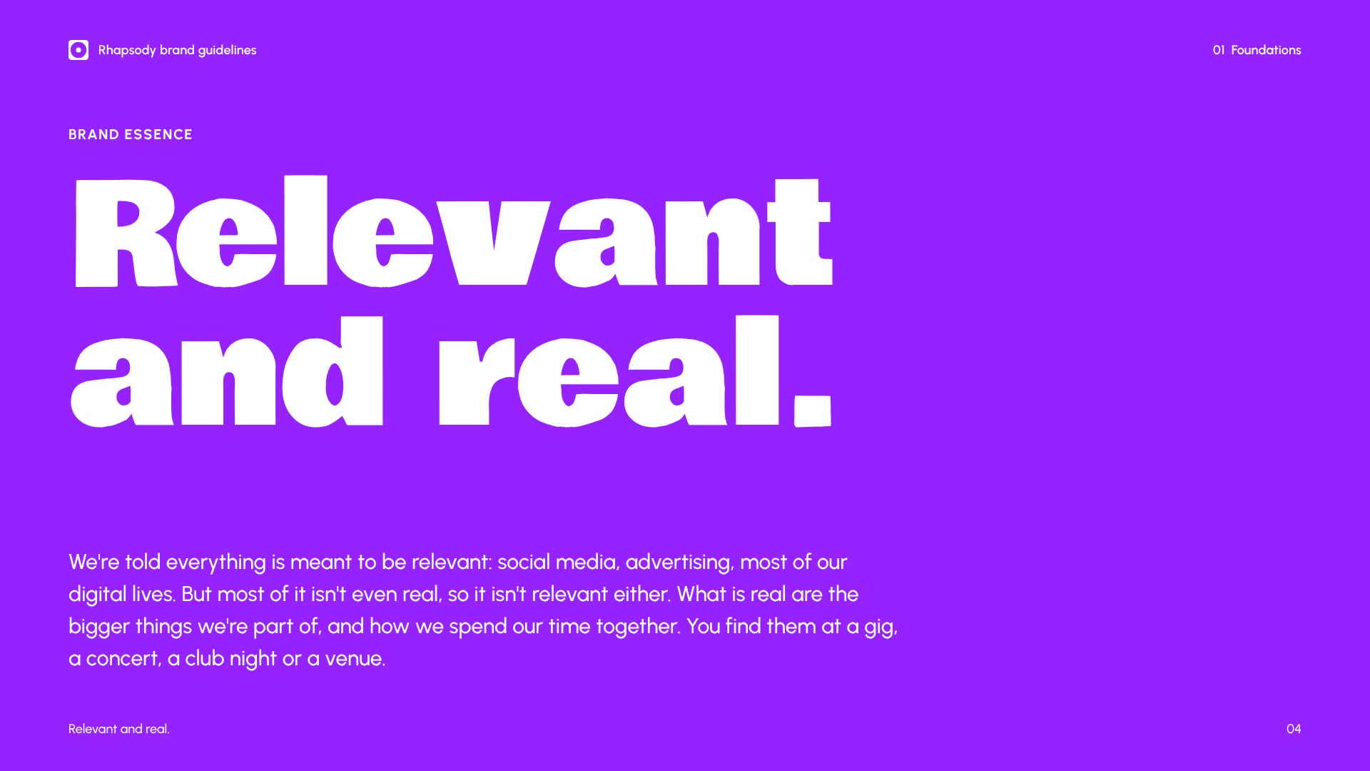 Brand guidelines page with the essence, Relevant and real, set in large white type on Vivid Violet