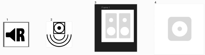 Four logo concepts: a megaphone with an R, a speaker with sound waves, a two-speaker stack and a single speaker cone